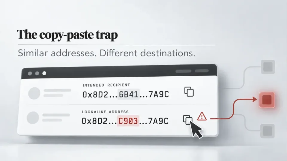 Illustration comparing two similar-looking crypto addresses with different middle characters.