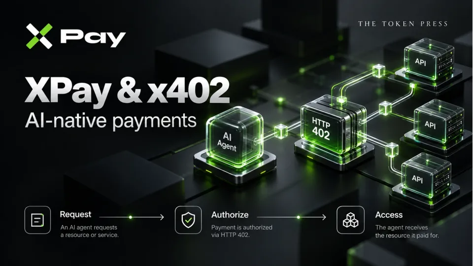 XPay and x402 editorial poster illustrating payments between AI agents, APIs and digital services.