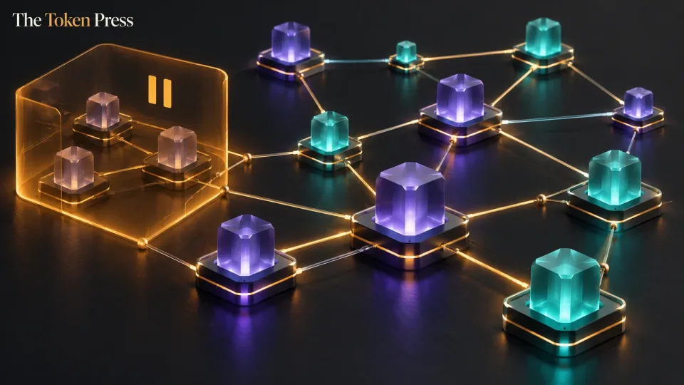Abstract lending-reserve nodes, with one group behind an amber pause gate and other nodes remaining illuminated.