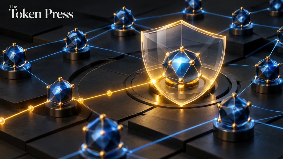 Conceptual blockchain nodes and an emergency security shield, representing network governance.