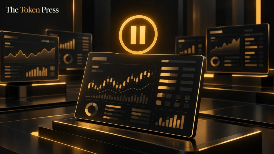 Abstract trading terminal beneath an amber pause symbol, with other panels in the background.