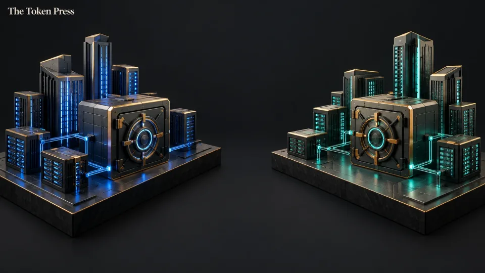 Two separate conceptual exchange and custody infrastructure clusters, one blue-lit and one teal-lit.