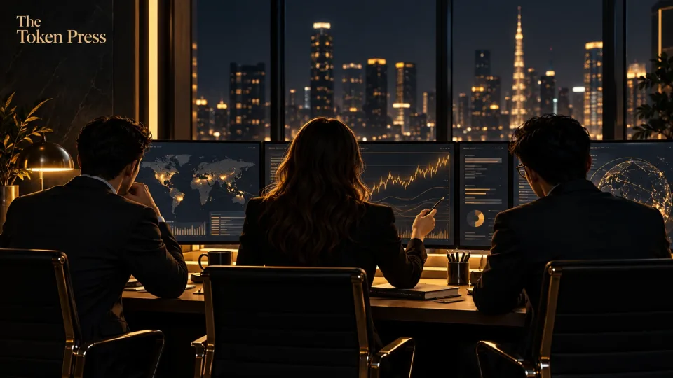 Anonymous executive and colleagues viewed from behind at an operations desk at night.