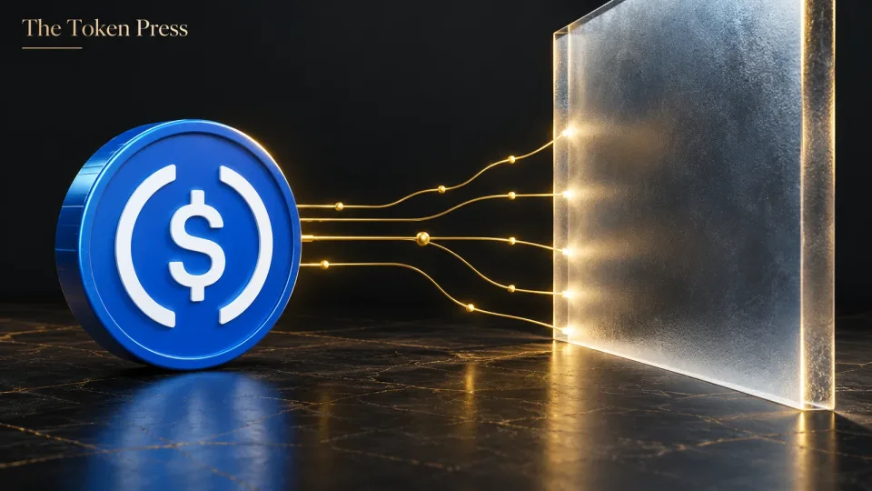 Blue USDC token beside transaction paths stopped at a transparent barrier.