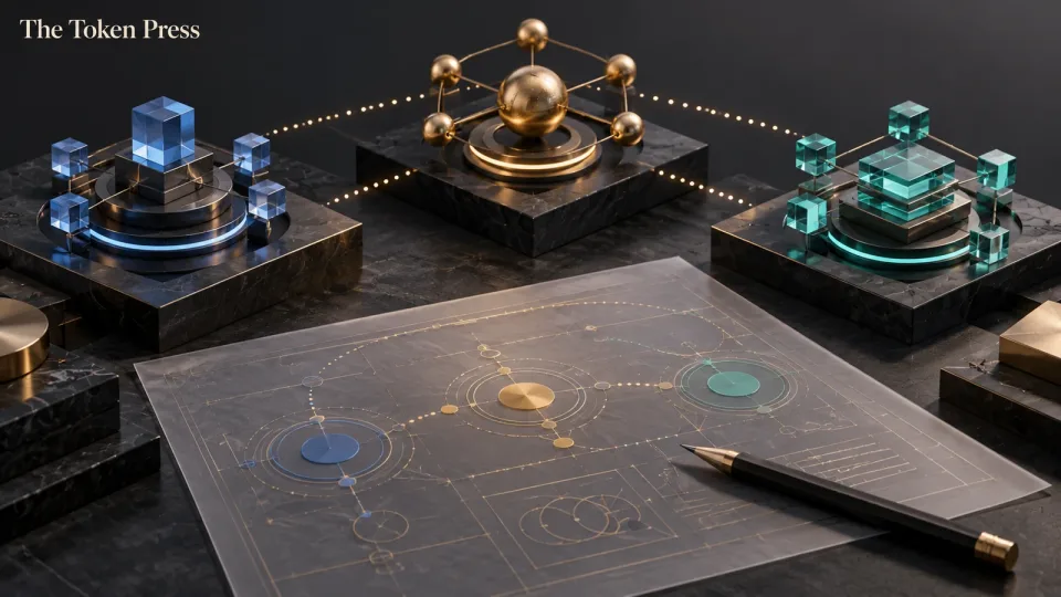 Separate conceptual network hubs connected by dotted communication lines above a drafting sheet and pencil.