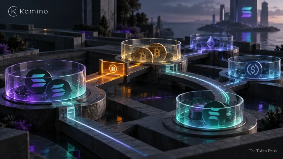 Conceptual collateral pools with cryptocurrency symbols and one amber pause gate, illustrating a targeted lending restriction rather than a protocol-wide shutdown.