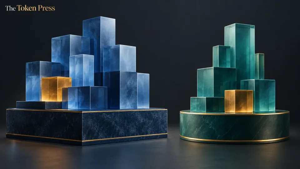 Two separate abstract reserve structures with small amber segments among blue and teal blocks; not a data chart.