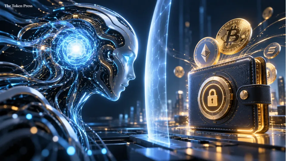Conceptual AI figure facing a locked cryptocurrency wallet across a glowing boundary, with Bitcoin and Ether symbols.