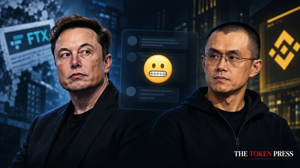 Conceptual editorial illustration of Elon Musk and Changpeng Zhao with a grimacing emoji between them and FTX and Binance branding in the background.