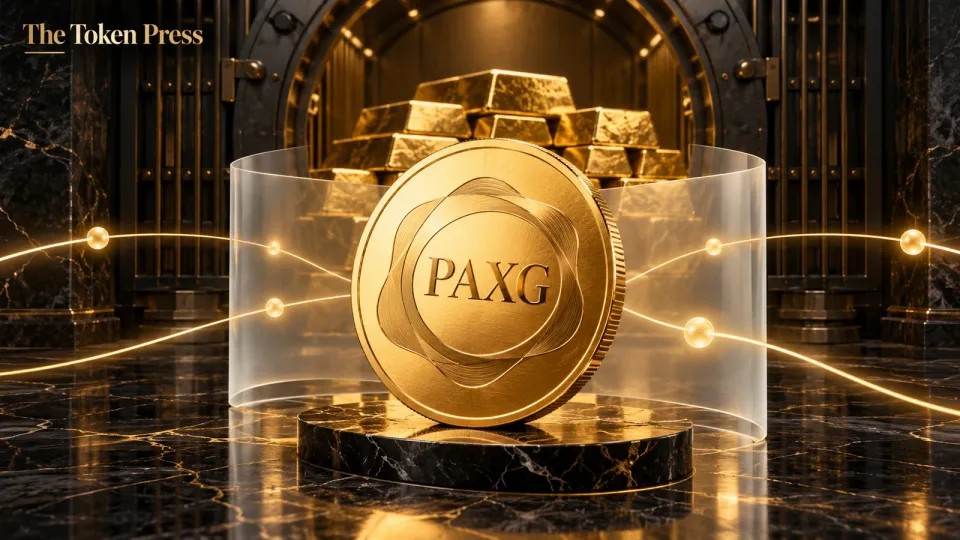 Conceptual PAXG token and gold bullion behind a translucent vault barrier.