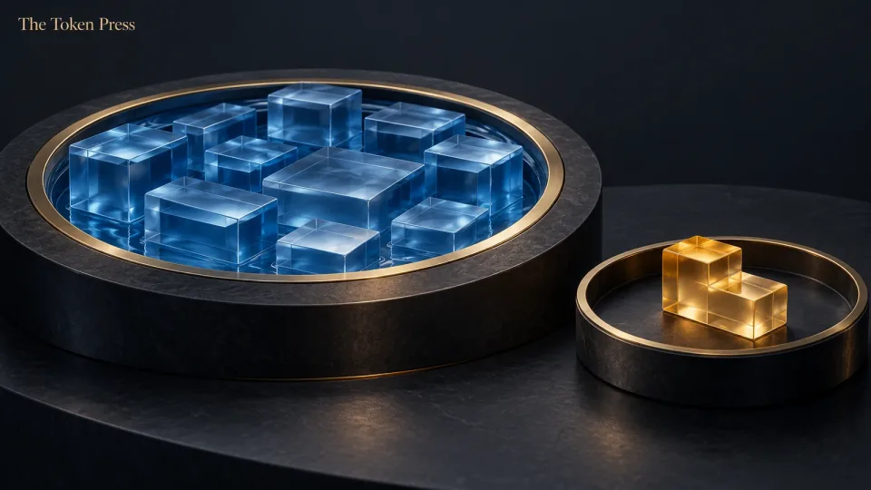 A small amber liquidity position separated from a larger pool of blue blocks.