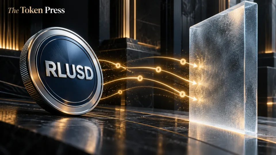 Silver-and-blue RLUSD token with gold transaction paths ending at a frosted barrier.