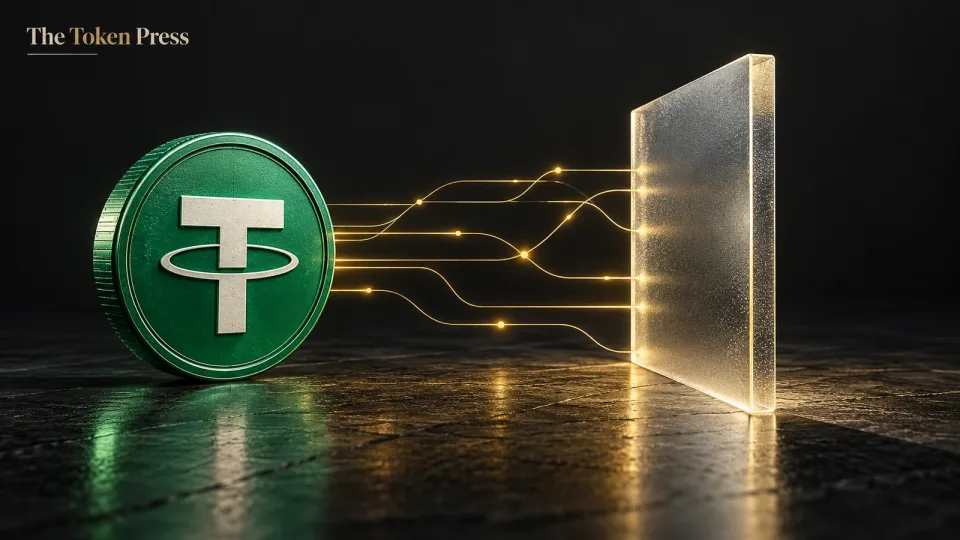 Green USDT token beside transaction paths stopped at a transparent barrier.