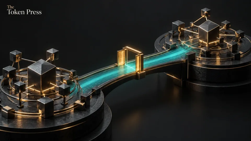 Two abstract network hubs connected by a teal service route through an open amber gate.