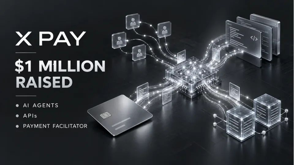 AI-generated X Pay funding illustration with a payment card, API panels and an abstract transaction network.
